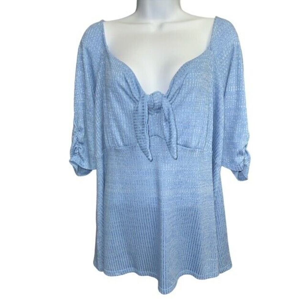 Jessica Simpson 3X Top Blue Yonder Lyndsey Soft Woven Stretch Ruche Short Sleeve